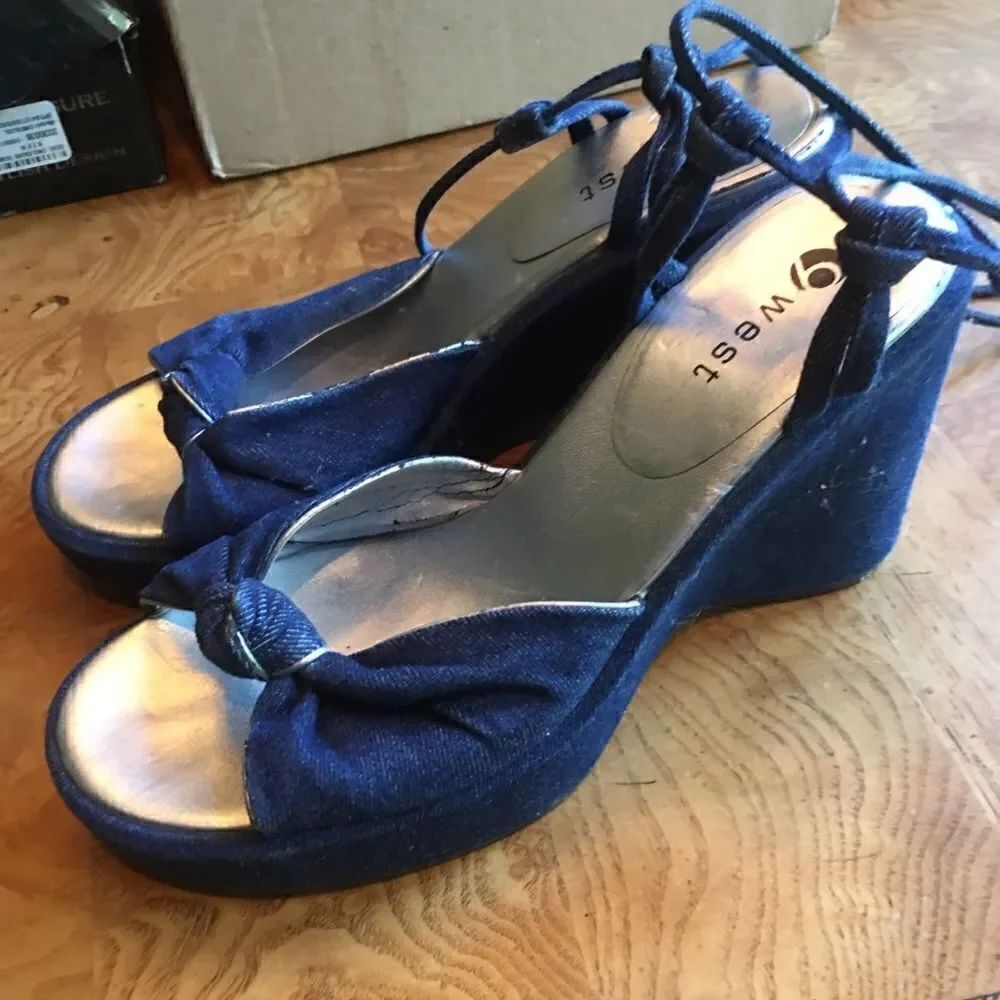 OO 9 West Denim Ankle Tie Wedges!